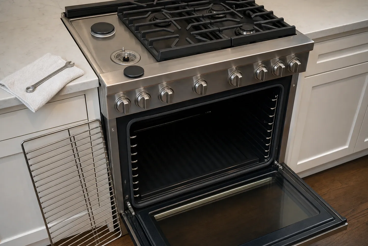 Gas range with the oven door open and two burner caps set aside on the cooktop, oven rack leaning against the cabinet