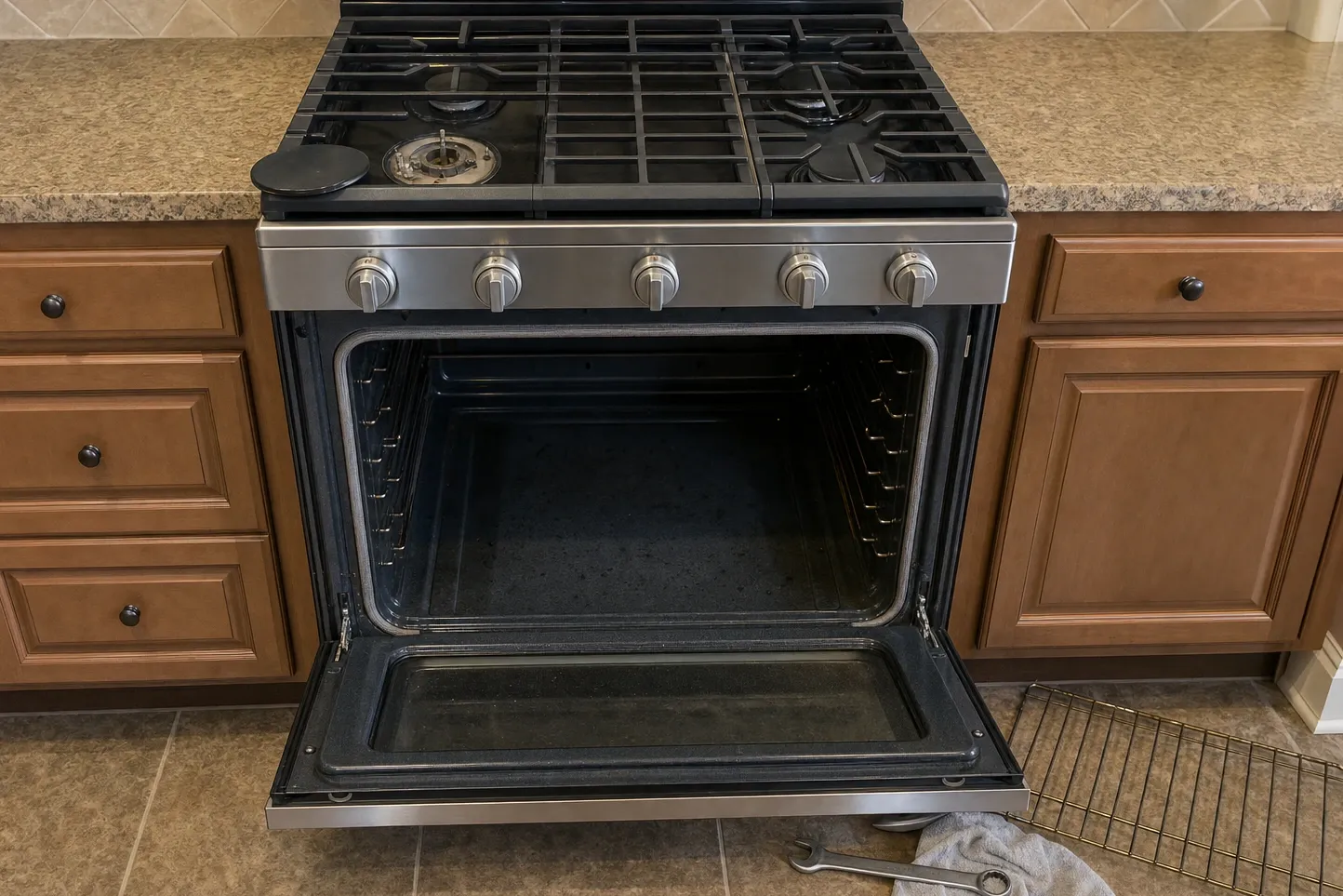 Slide-in gas range seen head-on with the oven door fully open, one burner cap off and oven racks on the floor
