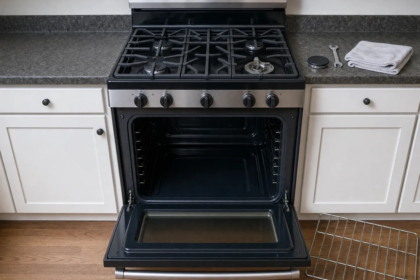 Gas range with the oven door open and the front-right burner cap removed, resting on the counter next to a wrench