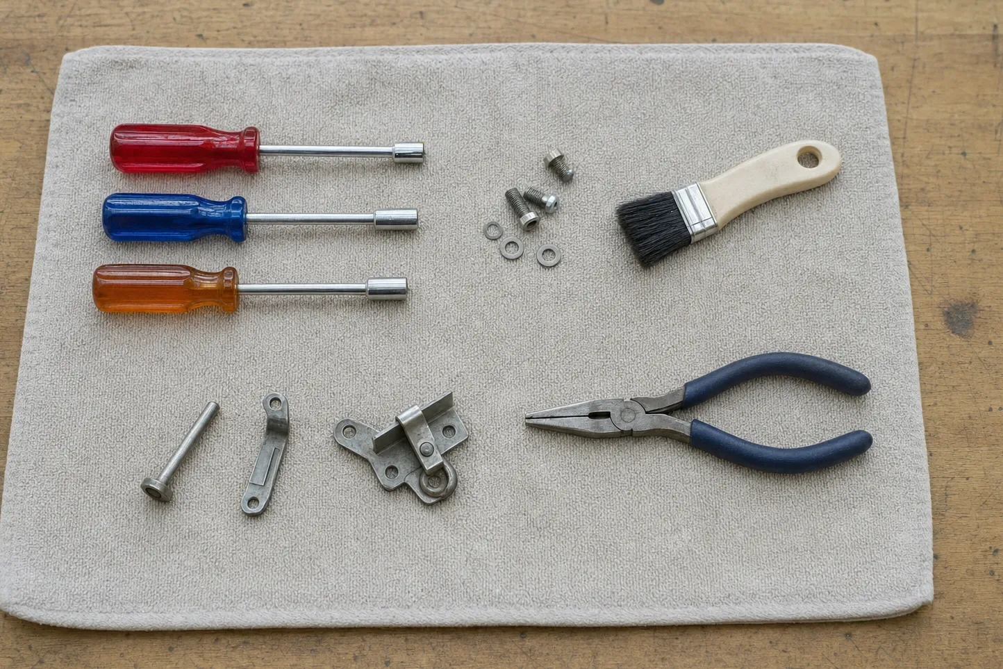 Soft brush, nut drivers, needle-nose pliers and a bracket laid out on a towel, the kit for a blower strip-down