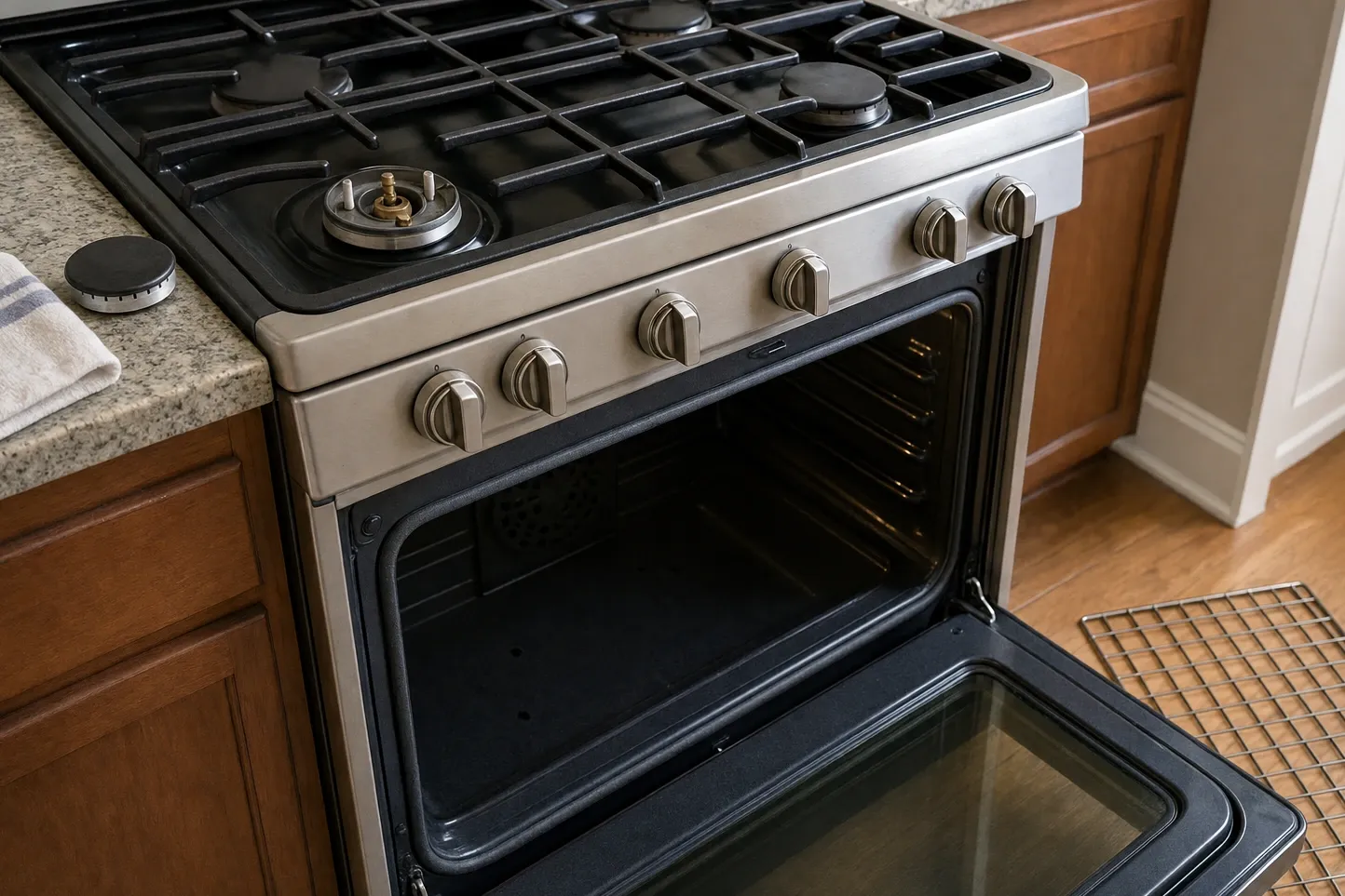 Gas burner base with its cap removed, brass orifice and two electrode pins exposed on the cooktop deck