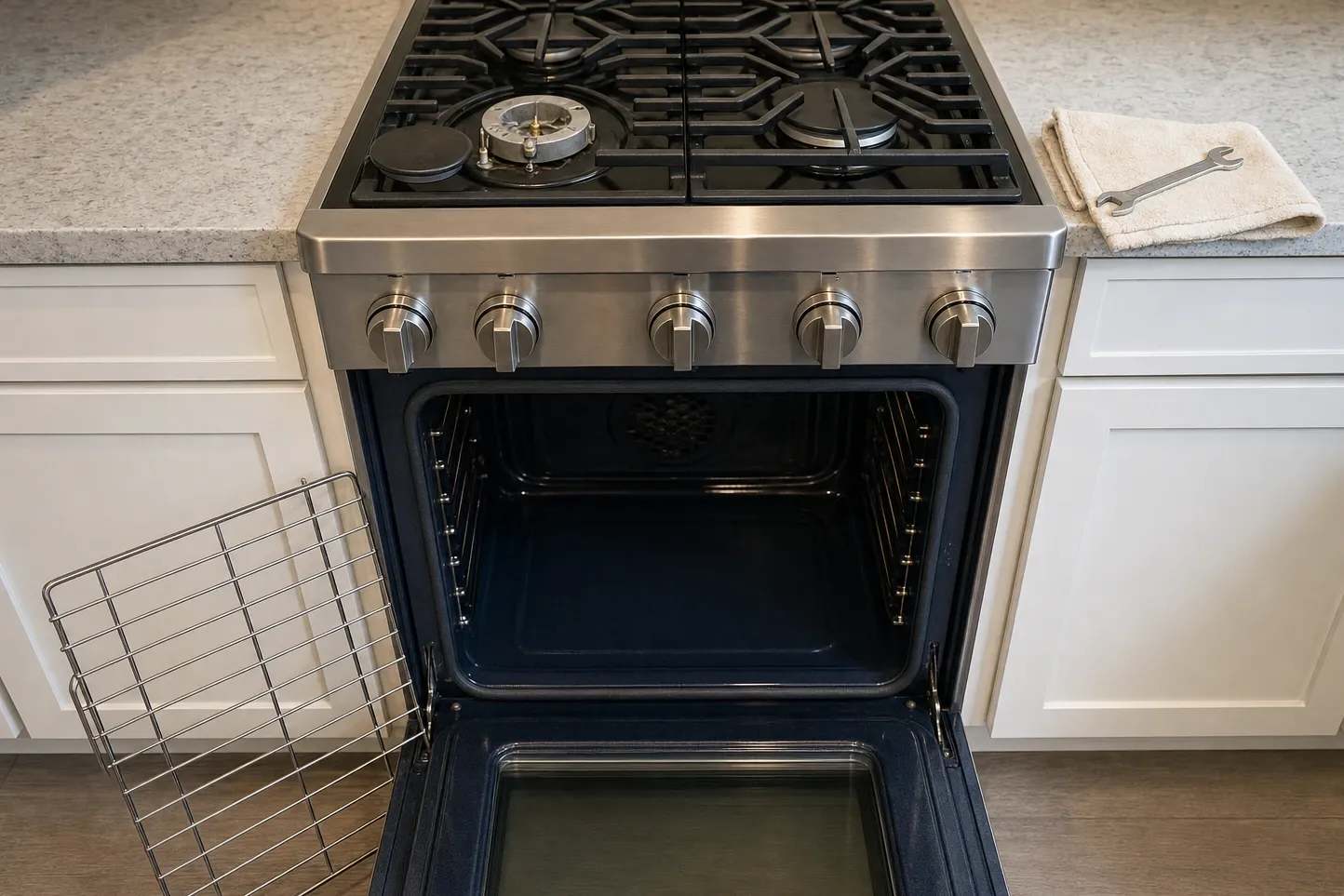 Slide-in gas range with the oven door open and the front-left burner head lifted off its base